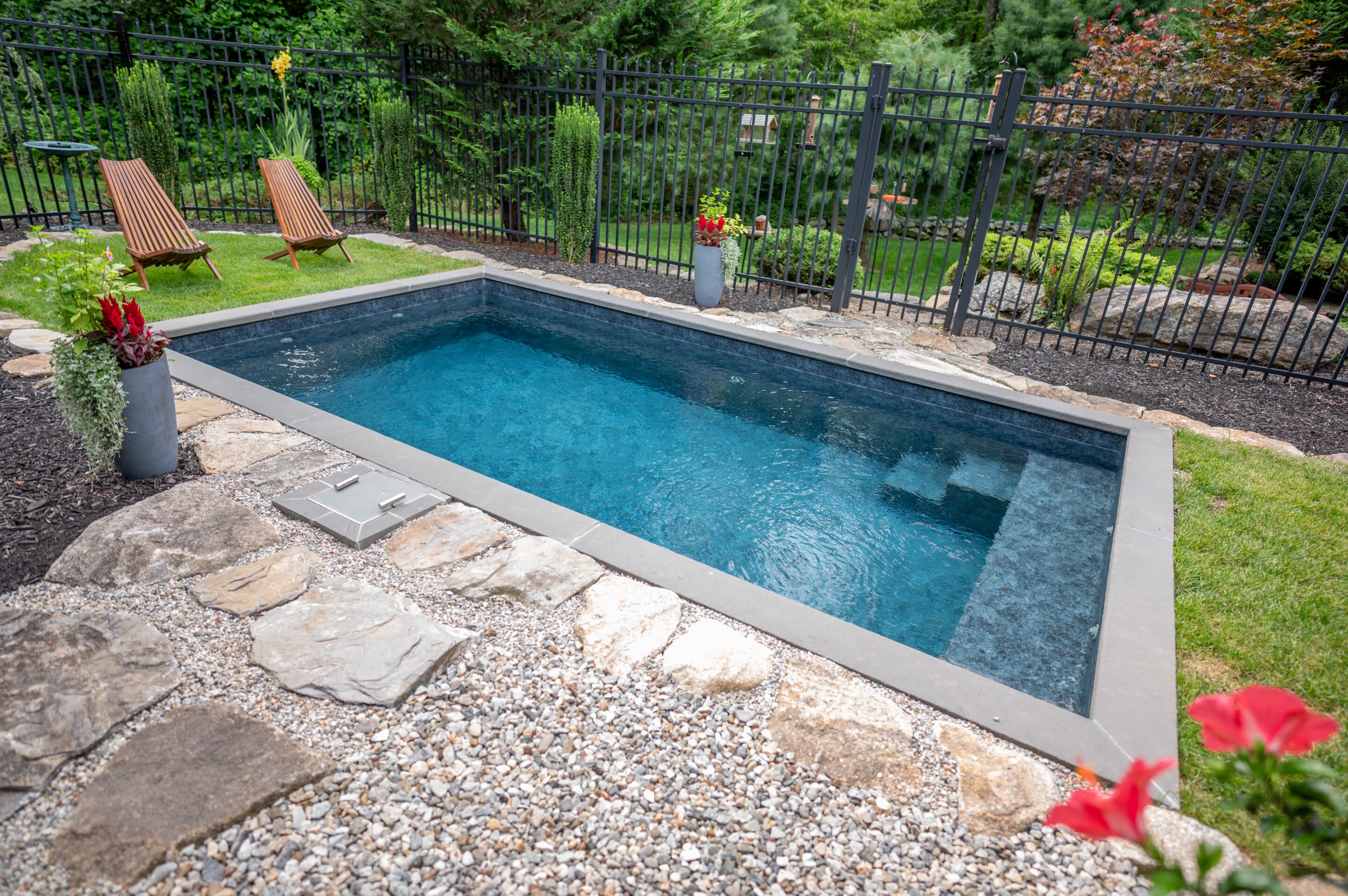A beautiful plunge pool in a well landscaped yard near lexington, sc